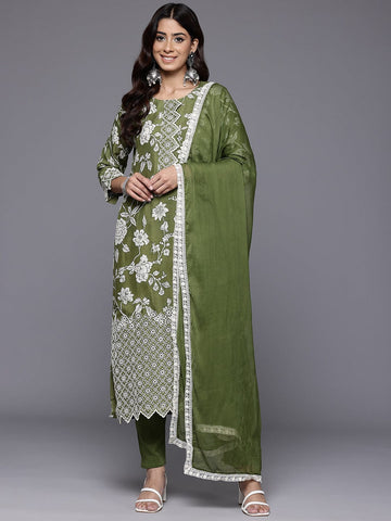 Varanga Women Green Floral Printed Shiffly Work  Kurta  Paired With Bottom And Dupatta